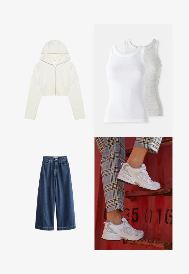 Biely skrátený zipsový mikinový sveter s kapucňou, mäkká látka, dlhé rukávy a ševový detail vpredu. Hladká textúra a kovový zips.; Dve tielka bez rukávov: jedno biele s ribovanou textúrou a druhé svetlošedé s jemným melírom. Obe majú okrúhle výstrihy.; Džíny s širokými nohavicami v tmavomodrej farbe. Vyrobené z odolnej bavlny, s vysokým pásom, prednými vreckami a rovnými, skrátenými okrajmi so zjavnými stehnami.; Biele sieťkové tenisky so striebornými detailmi a textúrovanou podrážkou, umiestnené na červenom povrchu, v kombinácii s károvanými nohavicami.