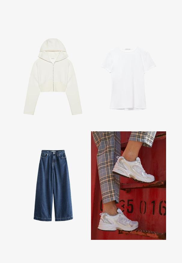 Bjela skraćena zip-jakna s kapuljačom, mekana tkanina, dugi rukavi i detalj šava sprijeda. Glatka tekstura i metalni patentni zatvarač.; Bijela majica kratkih rukava izrađena od glatkog materijala, s okruglim izrezom i suptilnim detaljima šivanja na rubu.; Široke traperice tamnoplave boje. Izrađene od čvrstog pamuka, s visokim strukom, prednjim džepovima i ravnim, skraćenim rubovima s vidljivim šavovima.; Bijele mrežaste tenisice sa srebrnim akcentima i teksturiranom potplatom, postavljene na crvenu površinu, u kombinaciji s kariranim hlačama.