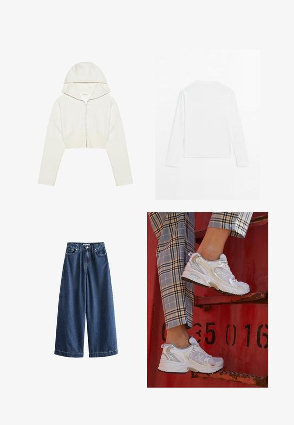 Haut de hoodie zippé cropped blanc avec capuche, en tissu doux, manches longues et détail de couture à l'avant. Texture lisse et fermeture éclair métallique.; Chemise blanche à manches longues, col rond, vue de dos, posée à plat sur un fond blanc.; Pantalons en denim à jambes larges de couleur bleu foncé. Fabriqués en coton robuste, ils présentent une taille haute, des poches avant et des ourlets droits et cropped avec des coutures visibles.; Baskets blanches en mesh avec des accents argentés et une semelle texturée, posées sur une surface rouge, assorties à un pantalon à carreaux.