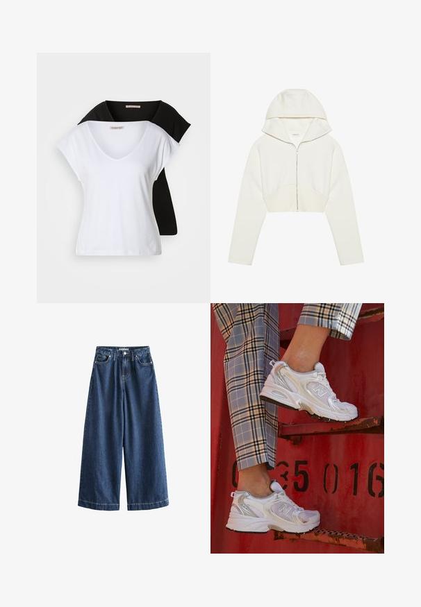 Felpa corta bianca con zip e cappuccio, realizzata in un tessuto morbido, maniche lunghe e un dettaglio di cucitura sulla parte frontale. Texture liscia e zip metallica.; Due magliette a maniche corte con scollo a V, in bianco e nero, realizzate in cotone. Entrambe presentano una texture morbida e liscia.; Pantaloni in denim a gamba larga di colore blu scuro. Realizzati in cotone resistente, presentano una vita alta, tasche frontali e orli dritti e croppati con cuciture visibili.; Sneaker bianchi in rete con accenti argento e suola testurizzata, posizionati su una superficie rossa, abbinati a pantaloni a scacchi.