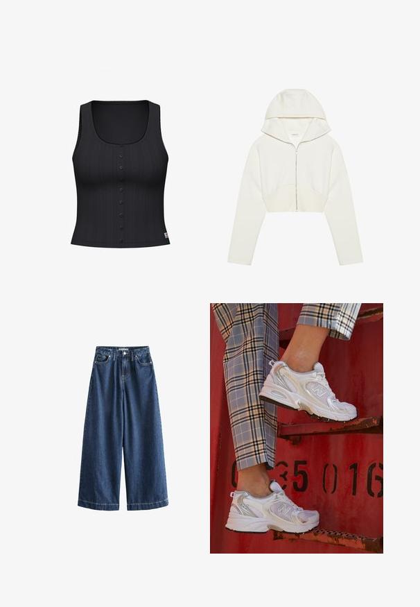 Valkoinen lyhyt cropped-huppari, jossa on huppu, pehmeää kangasta, pitkät hihat ja saumaerottelu edessä. Silkkinen pinta ja metallivetoketju.; Mustat hihattomat paidat, joissa on pyöreä kaula-aukko, ribbikuvio ja kuusi nappia edessä. Kaaren reunoilla koristeellinen ommel.; Laadukkaat tummansiniset leveälahkeiset farkut. Valmistettu kestävästä puuvillasta, joissa on korkea vyötärö, etutaskut ja suorat, lyhyet lahkeet näkyvillä ompeleilla.; Valkoiset verkkokengät hopea-yksityiskohdilla ja teksturoidulla pohjalla, aseteltuna punaiselle pinnalle, yhdistettynä ruudullisiin housuihin.