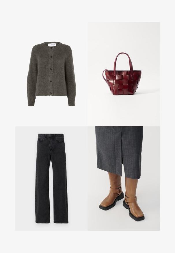 Cárdigan gris carbón hecho de tejido suave, con cuello redondo, mangas largas y cinco botones en la parte delantera.; Top de manga larga marrón, hecho de un tejido texturizado, que presenta un escote redondeado y una silueta simple y ajustada sin adornos visibles.; Pantalones vaqueros de mezclilla negra con un diseño de pierna ancha, que cuentan con un estilo clásico de cinco bolsillos, cierre de botón y un ligero desgaste.; Botas de cuero marrón hasta la rodilla con punta cuadrada, suela de goma negra y detalle de correa ajustable con hebilla. Llevadas con una falda gris de rayas.; Bolso tote de cuero burdeos tejido con dos asas cortas y una correa de hombro desmontable. Presenta una forma estructurada y una textura suave.