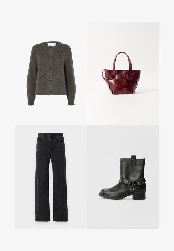Cárdigan gris carbón hecho de tejido suave, con cuello redondo, mangas largas y cinco botones en la parte delantera.; Top de manga larga marrón, hecho de un tejido texturizado, que presenta un escote redondeado y una silueta simple y ajustada sin adornos visibles.; Pantalones vaqueros de mezclilla negra con un diseño de pierna ancha, que cuentan con un estilo clásico de cinco bolsillos, cierre de botón y un ligero desgaste.; Samsøe Samsøe SABRENTA - Botines camperos - black; Bolso tote de cuero burdeos tejido con dos asas cortas y una correa de hombro desmontable. Presenta una forma estructurada y una textura suave.
