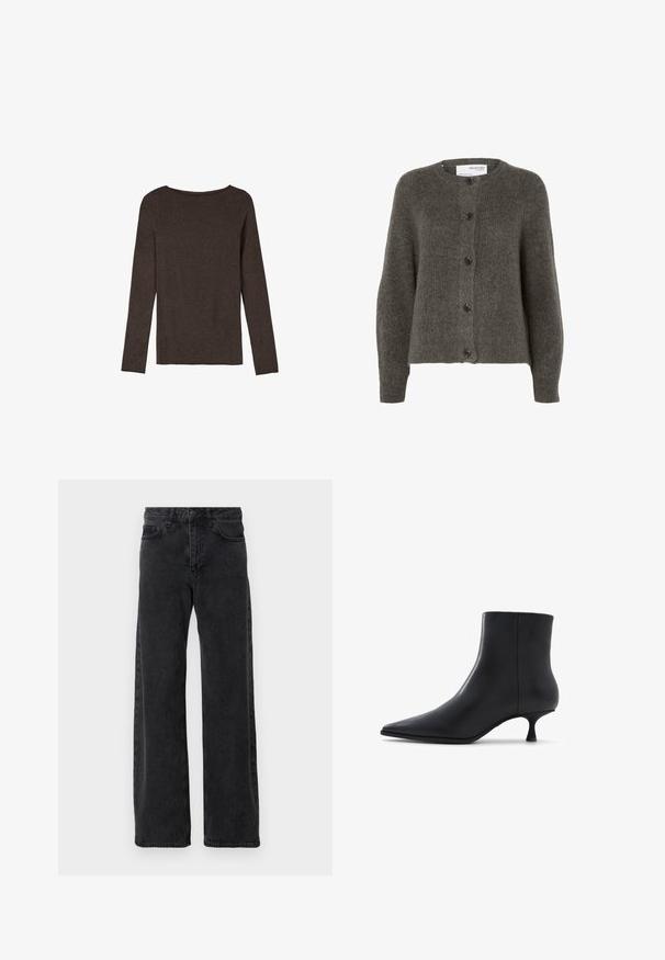 Kardigan in Anthrazitgrau aus weichem Stoff, mit Rundhalsausschnitt, langen Ärmeln und fünf Knopfverschlüssen auf der Vorderseite.; Langärmliges, braunes Oberteil aus strukturiertem Stoff, mit einem runden Ausschnitt und einer einfachen, taillierten Silhouette ohne sichtbare Verzierungen.; Schwarze Denim-Jeans mit weitem Bein, klassischen fünf Taschenstil, Knopfverschluss und subtiler Waschung.; ALDO EMMALIE - Stiefelette - black
