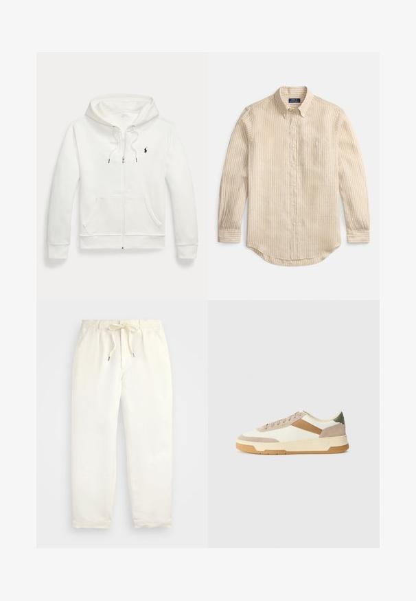 Hvit hettejakke med glidelås laget av mykt stoff, med kengurulomme, snøring på hetten og liten svart logo på venstre bryst.; Beige langermet skjorte med knapper, hvite vertikale striper, knappelukking på kragen, brystlomme og "Polo Ralph Lauren"-etikett på innsiden av kragen.; Lys kremfargede, casual bukser laget av mykt stoff. Har elastisk midjebånd med snøring, og en tapered ben-design.; Sneakers i beige, krem og oliven grønn, med semsket skinn og lærmaterialer, rund tå, minimalistisk design og gummisåle.