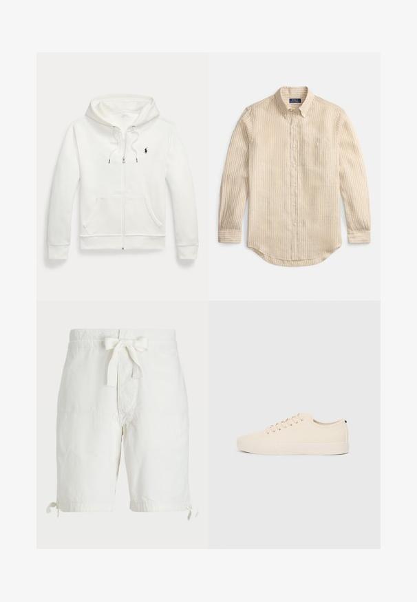Hvit hettejakke med glidelås laget av mykt stoff, med kengurulomme, snøring på hetten og liten svart logo på venstre bryst.; Beige langermet skjorte med knapper, hvite vertikale striper, knappelukking på kragen, brystlomme og "Polo Ralph Lauren"-etikett på innsiden av kragen.; Hvite bomullsshorts med snøring i livet, rullet kant med knyting, og flate frontlommer. Glatt, lett stoffkvalitet.; Beige lerretsko med rund tå, flat gummisåle og snøring foran. Har et minimalistisk design og en kontrasterende svart detalj ved hælen.
