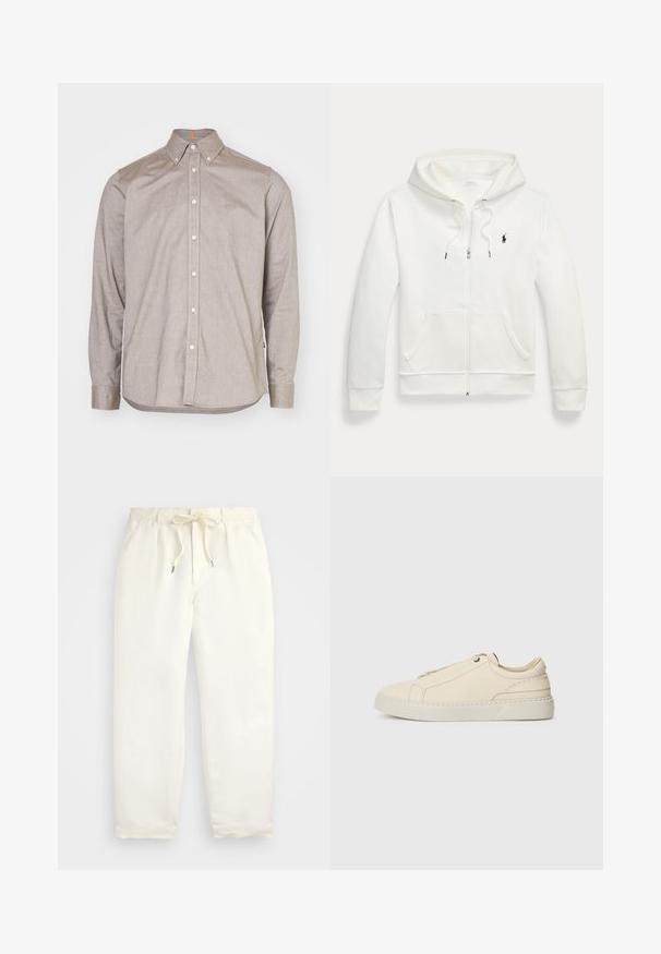 Valge tõmblukuga kapuutsiga sviiter, mis on valmistatud pehmest kangast, omades känguru taskut, reguleeritavat kapuutsi ning väikest musta logo vasakul rinnal.; Kerged pruun nööbiga särk, millel on krae, pikad varrukad ja valged nööbid. Särgil on peen tekstuur ja vasakul rinnal on brodeeritud logo.; Hele kreemjad, mugavad püksid pehmest kangast. Omavad elastset vöökohta stringiga ning kitsenevat jala disaini.; Beige nahkased kingad ümmarguse varbaga, minimalistlik disain, peened õmbluse detailid ja tekstureeritud pealispind, heledal tallal.