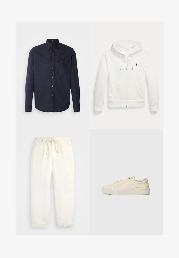 Balta užtraukiama džemperis, pagamintas iš minkštos medžiagos, su kengūros tipo kišene, reguliuojama gobtuve ir mažą juodą logotipą kairėje krūtinės pusėje.; Tamsiai mėlyna mygtukinė marškiniai, pagaminti iš minkštos medžiagos, su kairiu krūtinės kišeniu, tamsiais mygtukais ir ilgomis rankovėmis su užsegamomis apykaklėmis.; Šviesiai kreminės spalvos, laisvalaikio kelnės iš minkštos medžiagos. Turi elastinį juosmenį su raišteliais ir siaurėjantį kojų dizainą.; Kreminio odos sportbačiai su apvaliu nosiu, minimalistiniu dizainu, subtiliomis siuvimo detalėmis ir tekstūrine viršutine dalimi, ant šviesios pado.