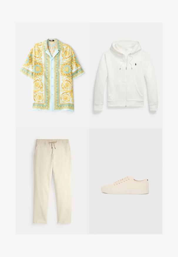 Moleton branco com fecho éclair, feito de tecido suave, apresentando um bolso canguru, capuz com cordão e um pequeno logótipo preto no lado esquerdo do peito.; Camisa de manga curta azul clara com padrões barocos dourados ornamentados, fecho com botões e um corte relaxado. Tecido suave com uma textura brilhante.; Calças casuais off-white com cintura elástica e cordão, pernas retas e bolsos laterais, contra um fundo liso.; Sapatilhas de lona bege com biqueira redonda, sola de borracha plana e atacadores à frente. Apresentam um design minimalista e um detalhe preto contrastante no calcanhar.