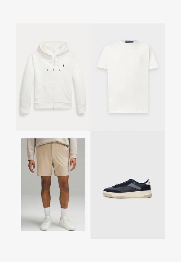 Valge tõmblukuga kapuutsiga sviiter, mis on valmistatud pehmest kangast, omades känguru taskut, reguleeritavat kapuutsi ning väikest musta logo vasakul rinnal.; Üksik valge lühikese varrukaga ümar kaelusega T-särk, millel on vasakul rinnal diskreetne tikand ning bränditud krae silt.; Heledad lühikesed püksid kergest kangast, mida iseloomustab lame esiosa, küljetaskud ja nööbilukk. Kanda koos valgete spordijalanõude ja sokkidega.; BOSS BALTIMORE - Tossud - open blue