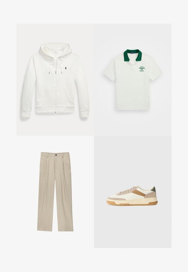 Witte zip-up hoodie van zacht materiaal, met een kangoeroezak, trekkoordcapuchon en een klein zwart logo op de linkerborst.; Witte polo met een groene velours kraag. Voorzien van een grafische afbeelding van een tennisracket en de tekst "Racquet Club Polo NYC" in groene borduursteken.; Beige broek met een rechte snit, voorzien van een enkele zwarte knoop, riemlussen en zijzakken. Glad stoffen textuur en een minimalistisch ontwerp.; Sneakers in beige, crème en olijfgroen, met suede en leer, een ronde neus, een minimalistisch ontwerp en een rubberen zool.