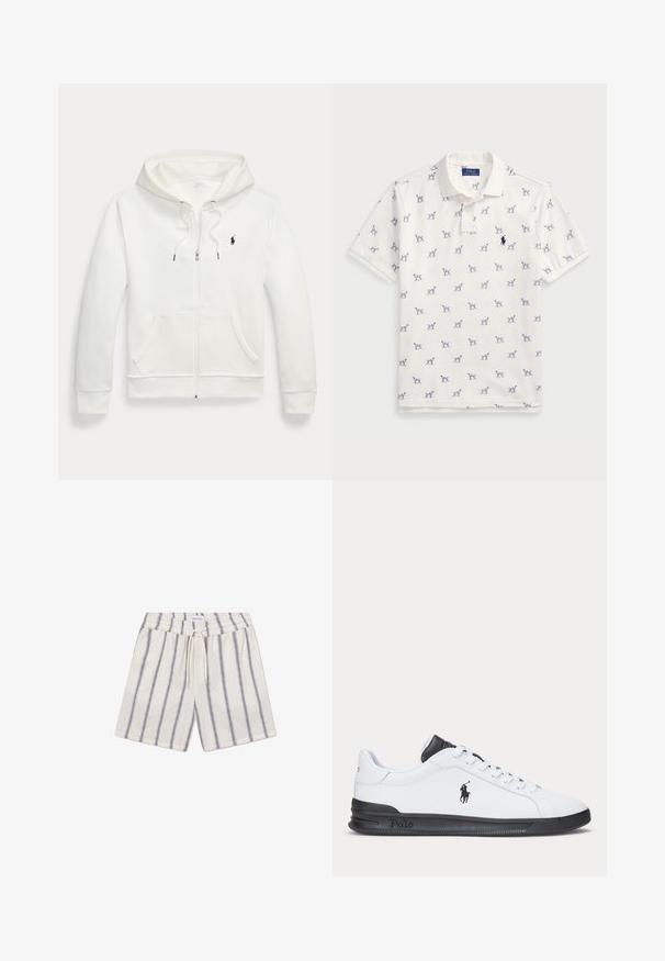 Bijela dukserica na zip, napravljena od mekanog materijala, sa kenguruvim džepom, kapuljačom sa vezicama i malim crnim logotipom na lijevoj strani grudi.; Bijela polo majica od pamuka, na kojoj se nalazi ponovljeni plavi uzorak pasa i mali plavi logo na prsima. Kratki rukavi i ovratnik.; Pamučne kratke hlače u krem boji s mornarskoplavim okomitim prugama. Imaju elastični pojas i dršku za prilagodljivo stajanje.; Bijela kožna tenisica s crnim detaljima, s vezicama, gumeni potplat i logotip sa strane. Ukupno glatka tekstura.