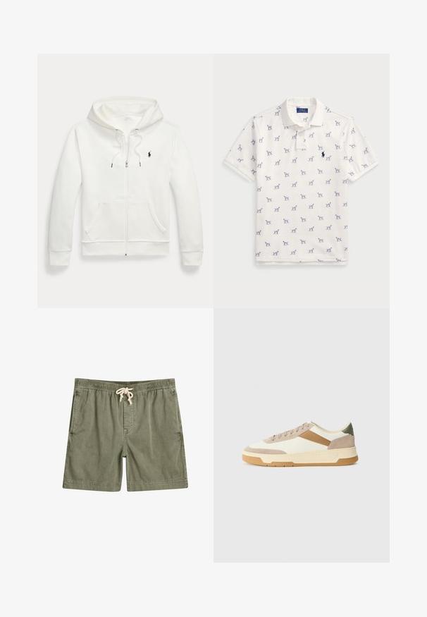 White zip-up hoodie made of soft fabric, featuring a kangaroo pocket, drawstring hood, and small black logo on the left chest.; White polo shirt made of cotton, featuring a repeated blue dog pattern and a small blue logo on the chest. Short sleeves and collar.; Olive green shorts made of soft fabric, featuring an elastic waistband with a drawstring, two side pockets, and a relaxed fit.; Sneakers in beige, cream, and olive green, featuring suede and leather materials, a round toe, minimalistic design, and a rubber sole.