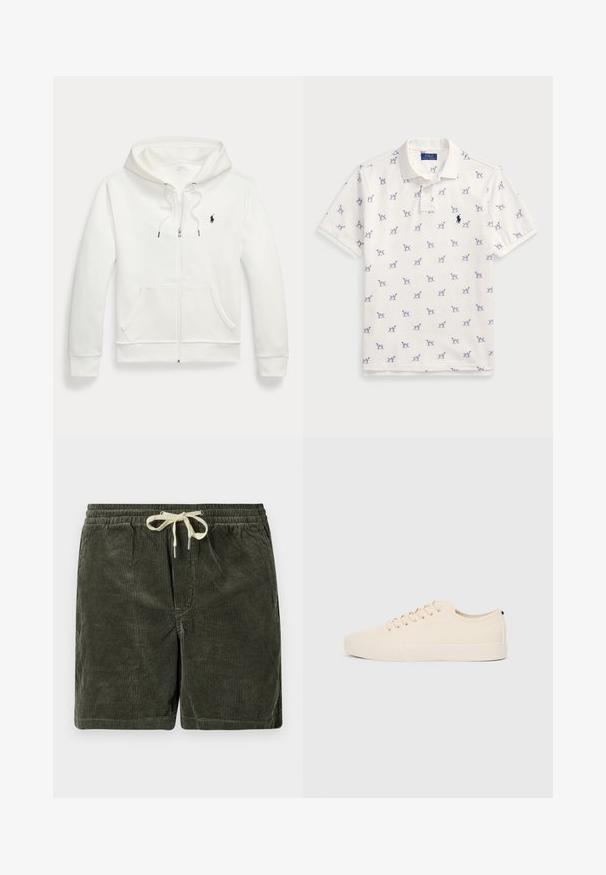 Fehér zipzáras kapucnis pulóver, puha anyagból készült, kenguruzsebbel, húzózsinórral ellátott kapucnival, és kis fekete logóval a bal mellen.; Fehér póló, pamutból készült, ismétlődő kék kutyás mintával és egy kis kék logóval a mellkason. Rövid ujjak és gallér.; Sötétzöld kordbársony bermuda nadrág, állítható derékkal. Függőleges bordázott textúrával és fém véggel ellátott húzózsinórral rendelkezik.; Beige vászon sportcipők, kerek orral, lapos gumi talppal és fűzős elejével. Minimális dizájnnal rendelkezik, és kontrasztos fekete akcentussal a saroknál.