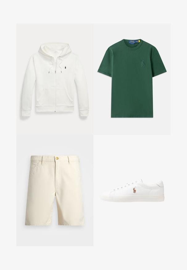 Biała bluza na zamek, wykonana z miękkiego materiału, z kieszenią typu kangur, kapturem ze sznurkiem oraz małym czarnym logo na lewej piersi.; Zielona bawełniana koszulka z klasycznym krojem, z delikatnym haftowanym logo na piersi. Okrągły dekolt i krótkie rękawy.; Beżowe szorty z lekkiego materiału, z zapięciem na guzik, szlufkami na pasek i bocznymi kieszeniami. Prosty design z czystymi liniami.; Białe skórzane sneakersy, niskoprofilowy design, charakteryzujące się gładką fakturą, okrągłym noskiem, sznurowanym przodem i małym haftowanym logo z boku.