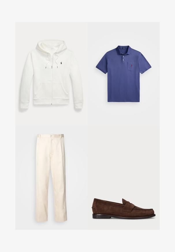Balta kapuce ar rāvējspīgu, izgatavota no mīksta auduma, ar kangaru kabatu, pielāgojamu kapuci un mazu melnu logotipu kreisajā krūtī.; Violeta polo krekls, izgatavots no kokvilnas, ar trīs pogām, īsām piedurknēm un krūšu kabatu ar sarkanu logo izšuvumu.; Bežā krāsā auduma bikses ar taisnu kāju griezumu, pievienotām pogu aizdares un priekšējiem krokām papildu detaļām.; Brūnas zamšādas loafer kurpes ar gludu faktūru, makošanas stila šuvēm, zemu papēdi un dekoratīvu siksniņu priekšpusē.