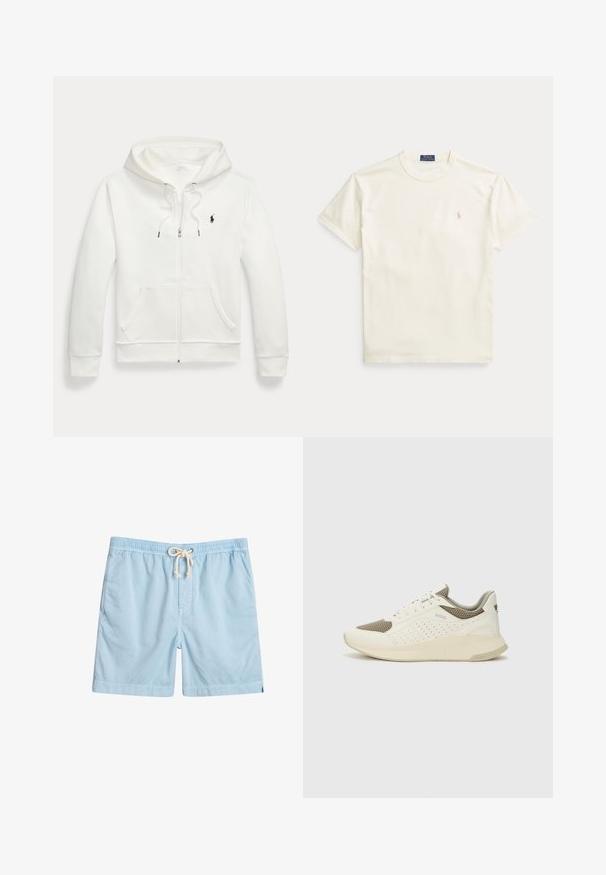 Fehér zipzáras kapucnis pulóver, puha anyagból készült, kenguruzsebbel, húzózsinórral ellátott kapucnival, és kis fekete logóval a bal mellen.; Krém színű, rövid ujjú pamut póló. A bal mellkason finoman hímzett logóval és kerek nyakkivágással.; Világoskék fürdőnadrág puha anyagból, rugalmas derékkal, elülső zsebekkel és húzózsinórral a méret állításához.; Fehér és világos bézs sportcipő, légies hálós felsőrésszel, perforált részletekkel és texturált középtalppal, amelyen a saroknál a márka logója található.