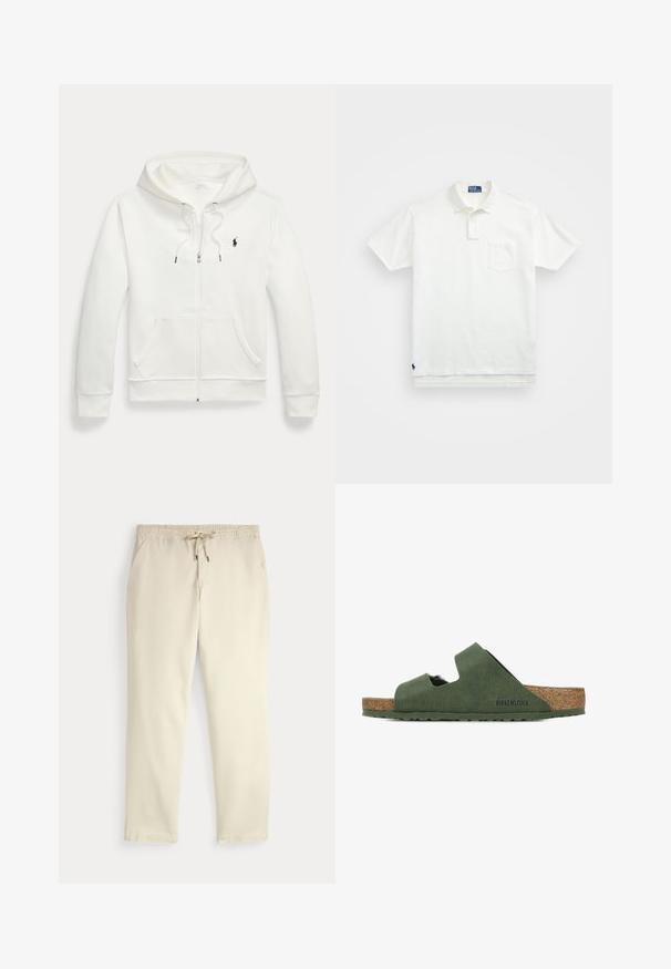 Hanorac alb cu fermoar, realizat dintr-un material moale, având o buzunar tip cangur, glugă cu șnur și un mic logo negru pe partea stângă a pieptului.; Cămașă polo albă din bumbac, cu un guler clasic, placket cu trei nasturi și un buzunar pe pieptul stâng; logo mic pe tiv.; Pantaloni casual off-white cu talie elastică și șnur, picioare drepte și buzunare laterale, pe un fundal simplu.; Sandale Birkenstock verzi, cu două curele decupate, talpă din plută și un finisaj exterior texturat. Talpa este plată, având un design antiderapant.
