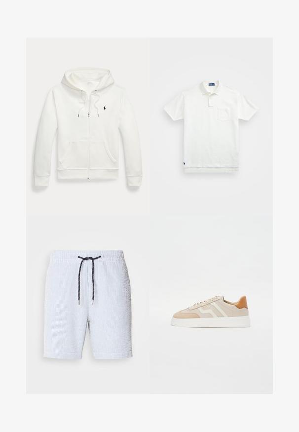 White zip-up hoodie made of soft fabric, featuring a kangaroo pocket, drawstring hood, and small black logo on the left chest.; White polo shirt made of cotton, featuring a classic collar, three-button placket, and a left chest pocket; small logo at the hem.; Striped swim shorts in light blue and white, featuring an elastic waistband with a navy drawstring and small silver metal tips.; Beige sneakers with a combination of smooth leather and suede materials. Features white accents, flat laces, and a slight platform sole.