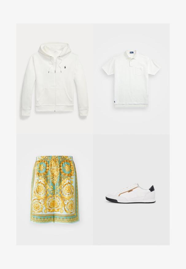Biela zapínacia mikina vyrobená z mäkkej tkaniny, s klokaním vreckom, kapucňou na šnúrku a malým čiernym logom na ľavej hrudi.; Biela polo tričko vyrobené z bavlny, s klasickým golierom, trojbuttonovou légou a vreckom na ľavej hrudi; malé logo na spodnom leme.; Kraťasy v živých tyrkysových farbách s precízne vyšívanými zlatými kvetinovými a barokovými vzormi, s elastickým pásom a voľným strihom.; Biele športové topánky s akcentmi z korku a kože. Obsahujú zlaté logo "BOSS", textúrované bočné panely a čierny pätník. Gumová podrážka.