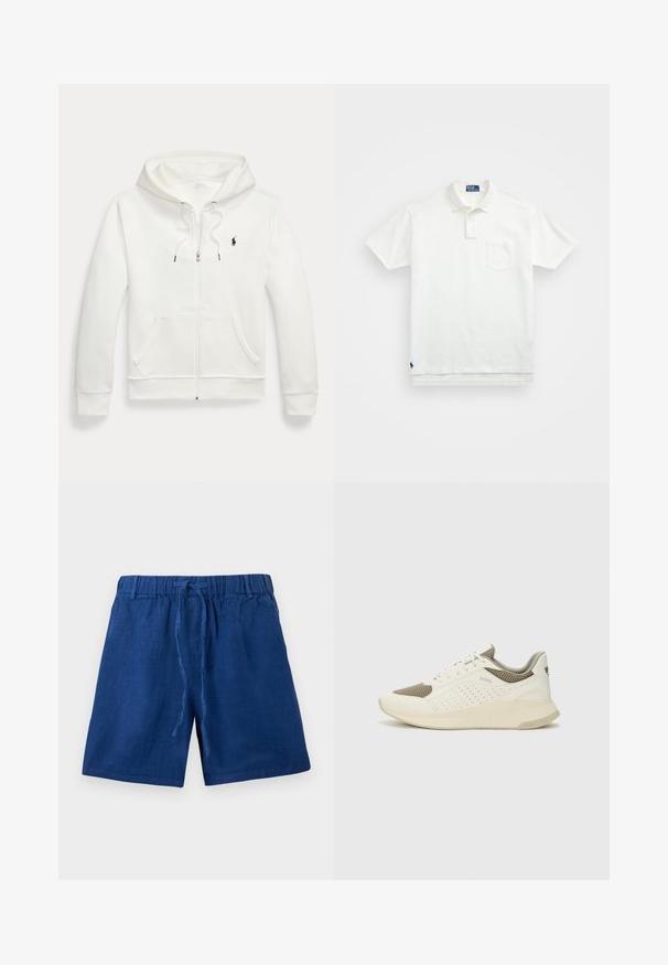 Biela zapínacia mikina vyrobená z mäkkej tkaniny, s klokaním vreckom, kapucňou na šnúrku a malým čiernym logom na ľavej hrudi.; Biela polo tričko vyrobené z bavlny, s klasickým golierom, trojbuttonovou légou a vreckom na ľavej hrudi; malé logo na spodnom leme.; Modré pohodlné šortky s elastickým pásom a šnúrkou, vyrobené z ľahkého materiálu.; Biele a svetlo béžové športové tenisky s hornou časťou z mriežkového materiálu, perforovanými detailmi a textúrovanou medzipodrážkou s logom na päte.