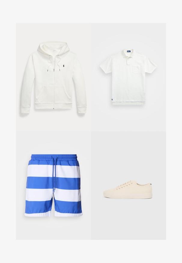 Witte zip-up hoodie van zacht materiaal, met een kangoeroezak, trekkoordcapuchon en een klein zwart logo op de linkerborst.; Witte poloshirt van katoen, met een klassieke kraag, een knoopsluiting met drie knopen en een borstzak aan de linkerkant; klein logo aan de onderrand.; Blauwe en witte gestreepte zwembroek van lichtgewicht stof, met een elastische tailleband voorzien van een trekkoord en een gladde textuur.; Beige canvas sneakers met ronde neus, platte rubberen zool en vetersluiting aan de voorkant. Heeft een minimalistisch ontwerp en een contrasterende zwarte accent bij de hiel.