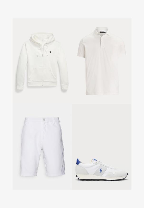 Fehér zipzáras kapucnis pulóver, puha anyagból készült, kenguruzsebbel, húzózsinórral ellátott kapucnival, és kis fekete logóval a bal mellen.; Férfi fehér rövid ujjú galléros póló, két gombbal és egy finom logó címkével a gallér belső oldalán.; Fehér, sima anyagból készült rövidnadrág, klasszikus kialakítással, gombos záródással és zsebekkel. Tiszta vonalak, látható minták nélkül.; Fehér sportcipő szürke velúr részletekkel, hálós felsőrész, kék sarkú fül és fekete gumi talp. Felszereltségéhez tartozik a fűzős záródás és a logó.