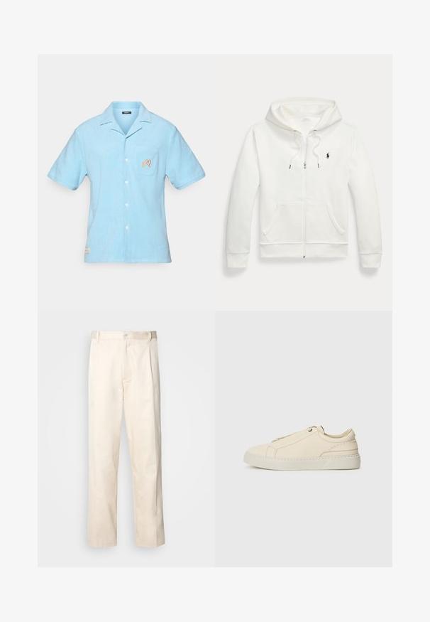 White zip-up hoodie made of soft fabric, featuring a kangaroo pocket, drawstring hood, and small black logo on the left chest.; Light blue short-sleeve shirt made of soft terry fabric. Features a collar, front pocket with embroidered detail, and button closure.; Beige cotton trousers with a straight-leg cut, featuring a button closure and pleats at the front for added detail.; Beige leather sneaker with a rounded toe, minimalistic design, subtle stitching details, and a textured upper, on a light sole.