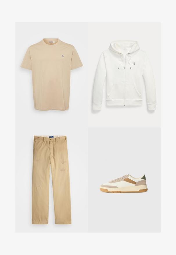 White zip-up hoodie made of soft fabric, featuring a kangaroo pocket, drawstring hood, and small black logo on the left chest.; Beige cotton t-shirt with a round neck, short sleeves, and a small blue embroidered logo on the left chest. Soft texture, casual fit.; Beige cotton pants with a straight cut. Features distressed patches and embroidery details on the front. Classic button and zipper closure.; Sneakers in beige, cream, and olive green, featuring suede and leather materials, a round toe, minimalistic design, and a rubber sole.