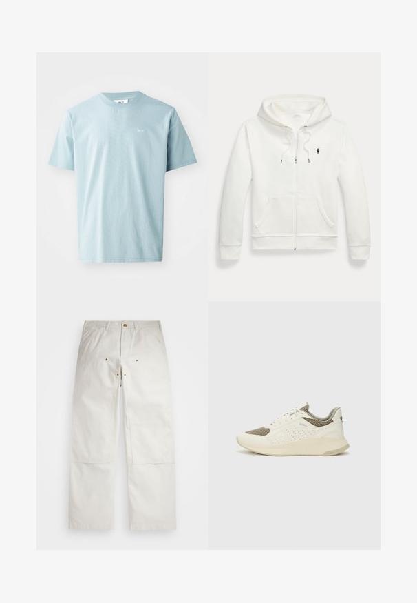 Balta užtraukiama džemperis, pagamintas iš minkštos medžiagos, su kengūros tipo kišene, reguliuojama gobtuve ir mažą juodą logotipą kairėje krūtinės pusėje.; Šviesiai mėlynas medvilninis marškinėliai trumpomis rankovėmis, apvaliu kaklu ir maža balta logotipas priekyje. Sklandi tekstūra, kasdienis dizainas.; Balti medvilniniai kelnės su laisvu siluetu, su priekinėmis kišenėmis, auksiniais akcentais ir kelių apsaugomis.; Baltas ir šviesiai bežinis sportinis kedas, su tinklo viršumi, perforuotais detalėmis ir tekstūruotu tarpine su logotipu ant kulno.