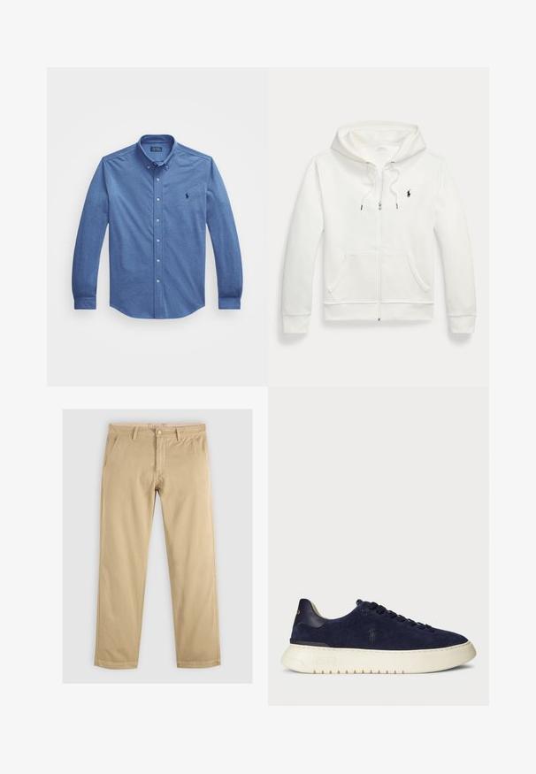 Bela zip-up kapuca izdelana iz mehke tkanine, s kengurujskim žepom, kapuco s vrvico in majhnim črnim logotipom na levi prsni strani.; Modra srajca z dolgimi rokavi in gumbi, izdelana iz gladkega materiala, z značilnim ovratnikom, gumbom spredaj in majhnim vezenim logotipom na prsih.; Khaki chinos s ravnim nogavicama, ki imajo dva sprednja žepa in pas z zadnjimi zankami. Narejeni so iz mehkega, trpežnega bombažnega materiala.; Mornarski semiš nizki športni čevelj z teksturirano površino, gumijastim podplatom in toniranimi vezalkami, z manjšim logotipom na strani in peti.