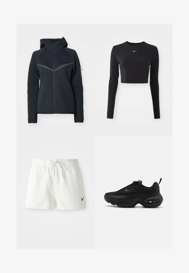 Svart zip-up hettegenser med høy krage, kontrasterende grå detaljer og en sidelomme med glidelås. Laget av mykt fleece-materiale med en tettsittende design.; Svart langermet cropped topp laget av glatt stoff, med rund hals og en hvit Nike-logo på brystet.; Hvite bomullssportshorts med elastisk midje og snor, med en liten svart Nike swoosh på venstre ben.; Svart atletisk sko med en jevn, teksturert overdel. Har rund tå, polstret krage og synlig luftputefor i sålen.
