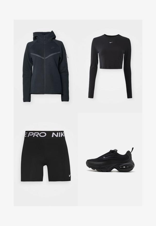 Zwarte zip-up hoodie met een hoge kraag, contrasterende grijze accenten en een zijzak met rits. Gemaakt van zachte fleece met een getailleerd ontwerp.; Zwarte lange mouwen kort bovenstuk van gladde stof, met een ronde halslijn en een wit Nike-logo op de borst.; Zwarte sportshorts met een brede zwarte tailleband met "NIKE PRO" in witte letters. Bevat een klein wit Nike Swoosh-logo op het been.; Zwarte sportieve schoen met een gladde, gestructureerde bovenzijde. Beschikt over een ronde neus, een gevoerde kraag en zichtbare luchtkussens in de zool.