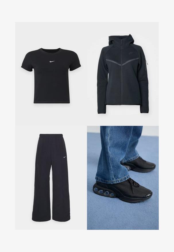 Must värvi lukuga kapuutsiga sviiter kõrge kaelusega, kontrastsete hallide detailidega ja külje lukuga taskuga. Valmistatud pehmest fliiskangast, millel on keha järgiv disain.; Must have lühikeste varrukatega must t-särk, mis on valmistatud puuvillast ja millel on ümar kaelus. Ees on valge Nike logo, minimaalne disain ja sobiv kuju.; Mustad laiad mustad püksid, millel on elastne vöökoht ja väike valge Nike logo. Kanga tekstuur on sile, disainitud mugavuseks ja igapäevaseks kandmiseks.; Mustad mustandid jooksujalatsid, millel on võrkmaterjalist ülemine osa, tekstuuriga detailid ja nähtavad õhkpadjad tallas. Kandmine siniste teksadega.