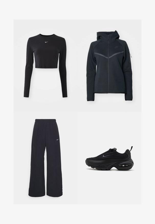 Sweater com fecho éclair preto e gola alta, com acabamentos cinza contrastantes e um bolso lateral com fecho. Feito de material de fleece suave com um design ajustado.; Top cropped de manga longa preto, feito de um tecido liso, com decote redondo e um logo branco da Nike no peito.; Calças largas pretas com um cós elástico e um pequeno logótipo branco da Nike. O tecido tem uma textura suave, projetado para conforto e uso casual.; Sapatilha atlética preta com um upper liso e texturizado. Apresenta um bico redondo, colarinho almofadado e amortecimento de ar visível na sola.