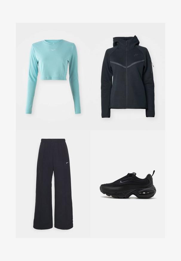 Must värvi lukuga kapuutsiga sviiter kõrge kaelusega, kontrastsete hallide detailidega ja külje lukuga taskuga. Valmistatud pehmest fliiskangast, millel on keha järgiv disain.; Hele sinine lühikeste varrukatega särk, mis on valmistatud siledast kangast, ümmarguse kaelusega ja rinnal väikese valge logoga.; Mustad laiad mustad püksid, millel on elastne vöökoht ja väike valge Nike logo. Kanga tekstuur on sile, disainitud mugavuseks ja igapäevaseks kandmiseks.; Mustad mustus spordijalanõud sileda, tekstuuriga ülaosaga. Omab ümmargust ninaosa, pehmendatud kaelaosa ning nähtavat õhkpadi talla sees.