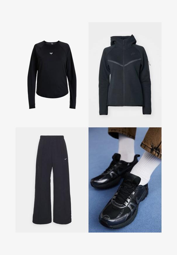 Sudadera con cremallera negra y cuello alto, con acentos en gris contrastante y un bolsillo lateral con cremallera. Fabricada en material de forro polar suave con un diseño ajustado.; Camiseta de manga larga negra con cuello redondo y pequeño logo en forma de corazón blanco centrado en el pecho, mostrada sobre un fondo blanco.; Pantalones de pierna ancha negros con una cintura elástica y un pequeño logo blanco de Nike. La tela tiene una textura suave, diseñada para la comodidad y el uso casual.; Zapatos deportivos Nike de color negro con parte superior de malla y acentos brillantes, cordones negros y suela texturizada. Combinados con calcetines blancos de canalé.