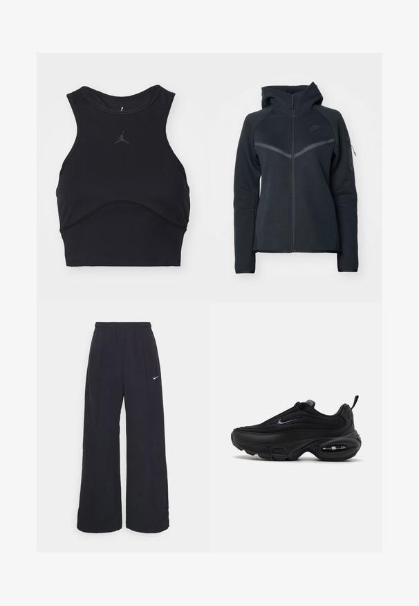 Must värvi lukuga kapuutsiga sviiter kõrge kaelusega, kontrastsete hallide detailidega ja külje lukuga taskuga. Valmistatud pehmest fliiskangast, millel on keha järgiv disain.; Must mustriba mustraam, mis on valmistatud siledast kangast, millel on ümar kaelus ja ilma varrukateta disain. Omab peent halli logo ja kumerate õmblustega detaile.; Mustad laiad mustad püksid, millel on elastne vöökoht ja väike valge Nike logo. Kanga tekstuur on sile, disainitud mugavuseks ja igapäevaseks kandmiseks.; Mustad mustus spordijalanõud sileda, tekstuuriga ülaosaga. Omab ümmargust ninaosa, pehmendatud kaelaosa ning nähtavat õhkpadi talla sees.