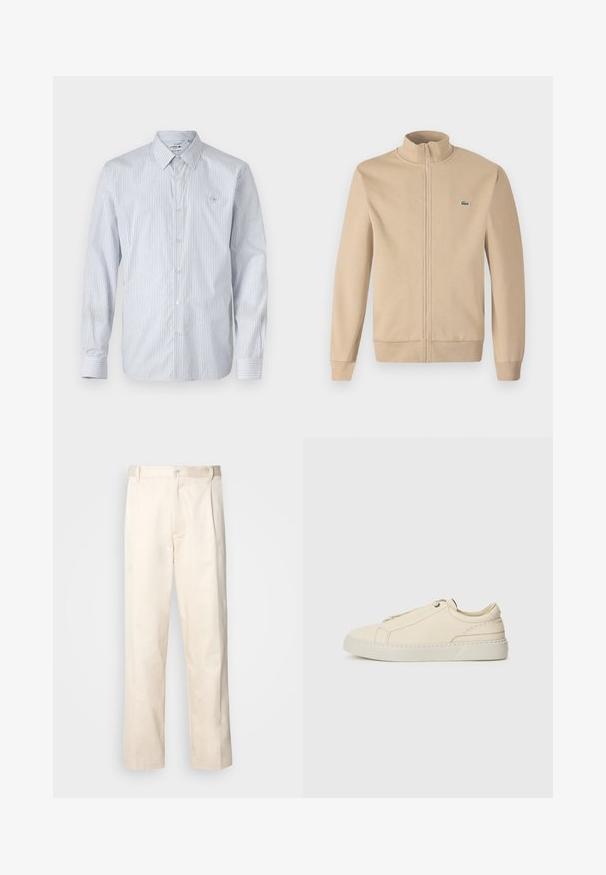 Bezs színű zipzáras dzseki álló nyakkal, puha anyagból, bordázott mandzsettákkal és egy kis zöld Lacoste logóval a mellrészen. Egyszerű és minimalistára tervezett.; Csíkos, világoskék és fehér pamut keverékből készült hosszú ujjú ing. Gombos záródással, klasszikus gallérral és egy kis hímzett logóval rendelkezik a mellkason.; Beige pamut nadrág egyenes szárú kivágással, gombos záródással és elülső redőkkel a részletek fokozása érdekében.; Beige bőr sneaker, lekerekített orral, minimalista dizájnal, finom varrási részletekkel és texturált felsőrésszel, világos talpon.