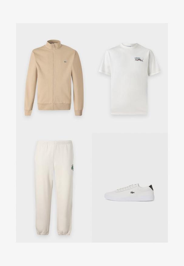 Bezs színű zipzáras dzseki álló nyakkal, puha anyagból, bordázott mandzsettákkal és egy kis zöld Lacoste logóval a mellrészen. Egyszerű és minimalistára tervezett.; Fehér pamut póló kerek nyakkivágással, rövid ujjal és egy kis gépi hímzésű logóval, amely hegyeket és szöveget ábrázol a bal mellen.; Világos bézs szabadidőnadrág, pamutból készült, rugalmas derékkal, bordázott mandzsettákkal, és zöld logóval, amely leveleket ábrázol, a bal lábon.; Fehér bőr sportcipő kerek orral, fűzős elülső résszel és fekete sarok akcentussal. Oldalán egy kis hímzett krokodil logóval rendelkezik.