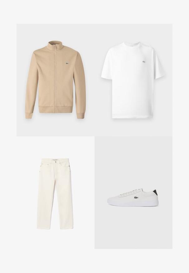 Chaqueta beige con cremallera y cuello alzado, fabricada en tejido suave, puños acanalados y un pequeño logotipo verde de Lacoste en el pecho. Diseño simple y minimalista.; Camiseta de algodón blanca con cuello redondo y mangas cortas. Presenta un pequeño logo negro de Lacoste en el lado izquierdo del pecho.; Jeans de mezclilla de color crema con corte recto, que cuentan con dos bolsillos frontales, un cierre de botón y un sutil logo cerca de la cintura.; Zapatilla de cuero blanca con punta redonda, parte frontal con cordones y acento negro en el talón. Presenta un pequeño logo de cocodrilo bordado en el lateral.