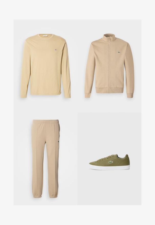 Beige zip-up jacket with a stand-up collar, soft fabric, ribbed cuffs, and a small green Lacoste logo on the chest. Simple and minimalist design.; Beige long-sleeve crewneck shirt with small embroidered logo on upper left chest, displayed on plain white background.; Lacoste Tracksuit bottoms - viennese; Olive green sneakers with a smooth material, white rubber sole, and signature Lacoste crocodile logo embroidered on the side.