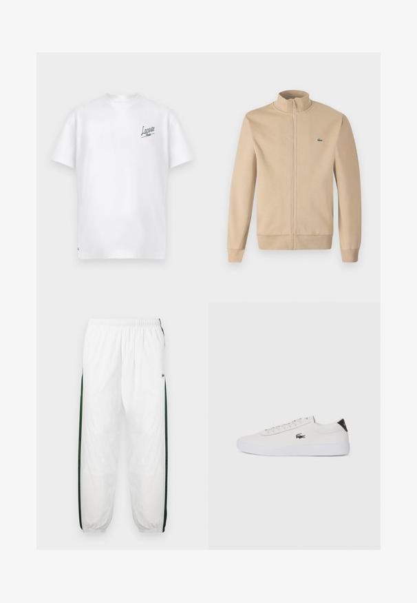 Beidzas rāvējslēdzēja jaka ar stāvošo apkakli, mīksts audums, ribotas piedurknes un neliels zaļš Lacoste logo uz krūtīm. Vienkārša un minimālisma dizains.; Balta kokvilnas T-kreklā ar apaļu kaklu un īsām piedurknēm. Kreisajā krūtī ir izšūts zaļais "Lacoste Paris" logo. Mīksta tekstūra.; Baltas sporta bikses ar tumši zaļām sānu joslām. Viegls materiāls, elastīga josta un aproces apakšā. Satur acu auduma tekstūru sānu joslās.; Baltas ādas sporta apavu modelis ar noapaļotu purngalu, sasienamu priekšpusi un melnu papēža akcentu. Satur nelielu izšūtu krokodila logo sānos.