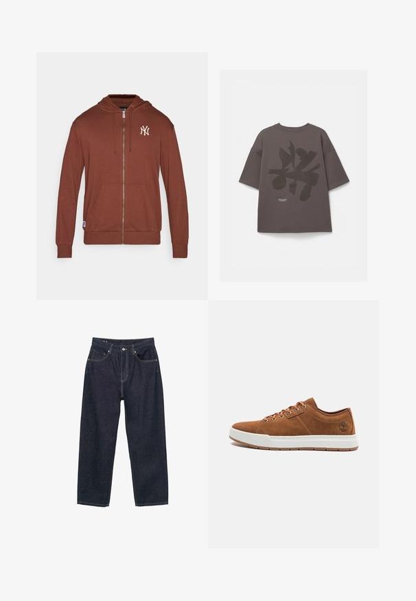 Smeđi dukserica na zip s mekanim materijalom koja ima kenguruču džep, kapuljaču s vezicama i bijeli logo New York Yankeesa na prsima.; Siva oversized majica s kratkim rukavima, koja sadrži veliki tamni print na leđima i mali tekstualni detalj blizu donjeg ruba.; Tamno plave traperice s rastezljivim krojem, s pet džepova, kontrastnim žutim šavovima i kopčanjem na dugme sprijeda.; Smeđe suede tenisice s bijelim gumennim potplatom, okruglim vrhom, šest metalnih rupica za vezanje i istaknutim logotipom sa strane. Klasični dizajn vezanja.