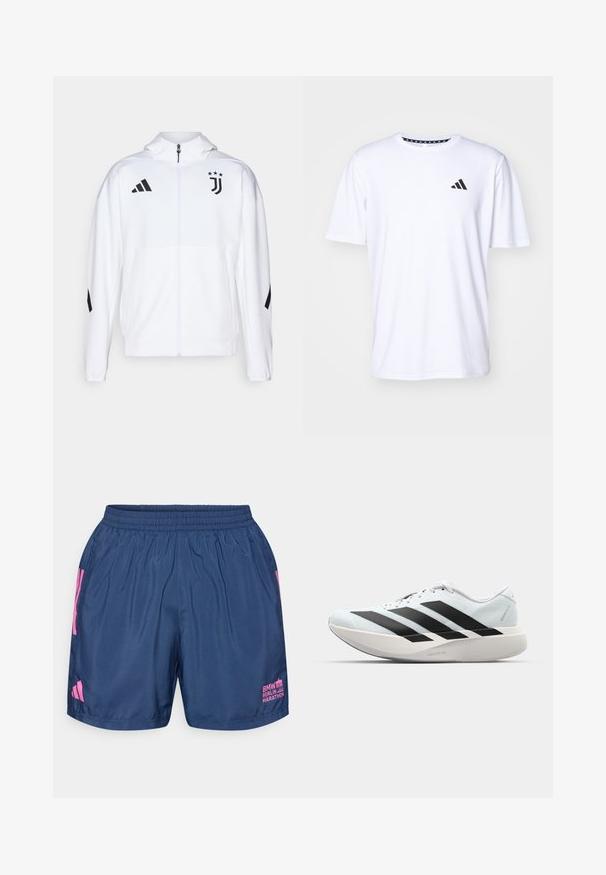 Witte sportjack met een rits aan de voorkant, capuchon en zwarte accenten, voorzien van Adidas-strepen en een Juventus-logo op de borst.; Witte T-shirt met korte mouwen, gemaakt van stof met een gladde textuur. Heeft een zwart adidas-logo op de linkerborst en een geborduurde kraag.; adidas Performance BER25 SHORT - Korte broeken - collegiate navy; Lichte hardloopschoenen in lichtblauw met zwarte strepen. Beschikt over een soepele bovenkant, ronde neusstuk en dikke witte tussenzool met het label "LIGHTSTRIKE PRO."