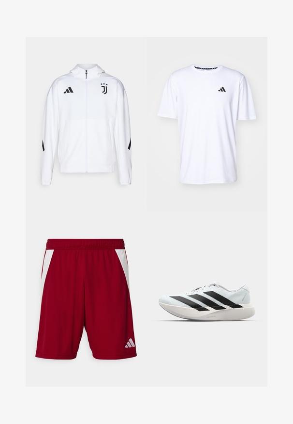 Witte sportjack met een rits aan de voorkant, capuchon en zwarte accenten, voorzien van Adidas-strepen en een Juventus-logo op de borst.; Witte T-shirt met korte mouwen, gemaakt van stof met een gladde textuur. Heeft een zwart adidas-logo op de linkerborst en een geborduurde kraag.; Rode atletische shorts met een gladde textuur, witte zijaccenten, een elastische band en een reflecterend mer logo op de rechter onderkant.; Lichte hardloopschoenen in lichtblauw met zwarte strepen. Beschikt over een soepele bovenkant, ronde neusstuk en dikke witte tussenzool met het label "LIGHTSTRIKE PRO."
