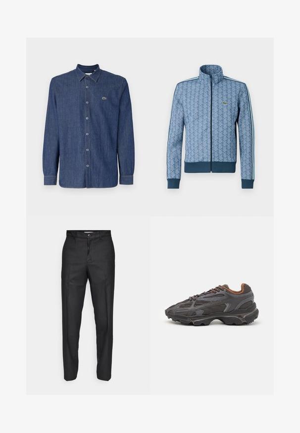 Giacca zip-up blu con un motivo geometrico, polsini e orlo a coste, e strisce laterali a contrasto. Presenta un piccolo logo sul petto.; Camicia in denim blu scuro a maniche lunghe con colletto a bottoni, bottoni frontali e un piccolo logo verde sul petto.; Pantaloni neri realizzati in un tessuto liscio, con chiusura frontale con bottone, gamba dritta e senza tasche visibili o motivi.; Sneaker Lacoste grigie scure in materiale mesh e sintetico, con suola testurizzata e dettagli marroni sul colletto e sul branding.