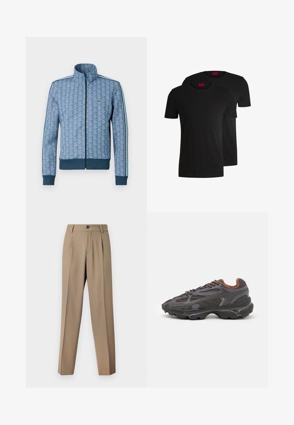 Kék, cipzáras dzseki geometrikus mintával, bordás mandzsettákkal és aljjal, valamint kontrasztos oldalsávokkal. Az elején egy kis logó található.; Két fekete pamut póló rövid ujjakkal és kerek nyakkivágással. Mindkettőn piros márkacímke található a nyakrészen. Egyszerű, klasszikus dizájn.; Beige, frontlapos, testre szabott nadrág, strukturált derékkal és egygombos záródással. Az anyag sima és enyhén textúrált.; Sötét szürke Lacoste sportcipők hálós és szintetikus anyagból, textúrázott talppal és barna díszítésekkel a nyak részen és a logón.