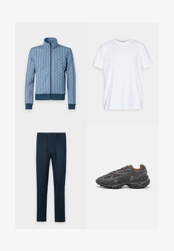 Mėlyna užtrauktuku užsegama striukė su geometriniu raštu, įsiūtomis guminėmis rankovėmis ir apačia bei kontrastingomis šoninėmis juostelėmis. Ant krūtinės yra mažas logotipas.; Balta medvilnė marškinėliai su trumpos rankovėmis, apvali iškirptė ir laisvas kirpimas. Yra minimalistinio dizaino, be raštų ar akcentų.; Tamsiai mėlyni kelnių modeliai, pagaminti iš lengvos medžiagos, su knopkų uždarymu ir reguliuojamu raiščiu, turintys liekną, siaurėjantį siluetą.; Lacoste sportbačiai tamsiai pilki, pagaminti iš tinklinės ir sintetinių medžiagų, su tekstūruotu padu ir rudomis detalėmis ant apykaklės bei prekės ženklo.
