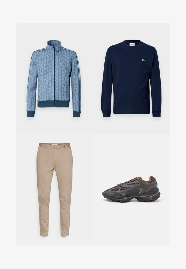 Sinine lukuga jakk geomeetrilise mustriga, soonikustega varrukate ja pöördeosa ning kontrastsete külgtriipudega. Jakk sisaldab väikest logo rinnal.; Tumesinine pika varrukatega T-särk, mis on valmistatud puuvillast, ümaralise kaelusega ja väikese rohelise krokodilli logoga vasakul rinnal.; Beige puuvillased chinod otsejoone disainiga, mis sisaldavad nuppude sulgemist, vöörihmasid ja küljetaskuid. Sile tekstuur, ilma mustriteta.; Tumed hallid Lacoste tossud, mis on valmistatud võrkkangast ja sünteetilisest materjalist, omavad tekstureeritud talla ning pruune aktsente kaeluse ja brändingu juures.